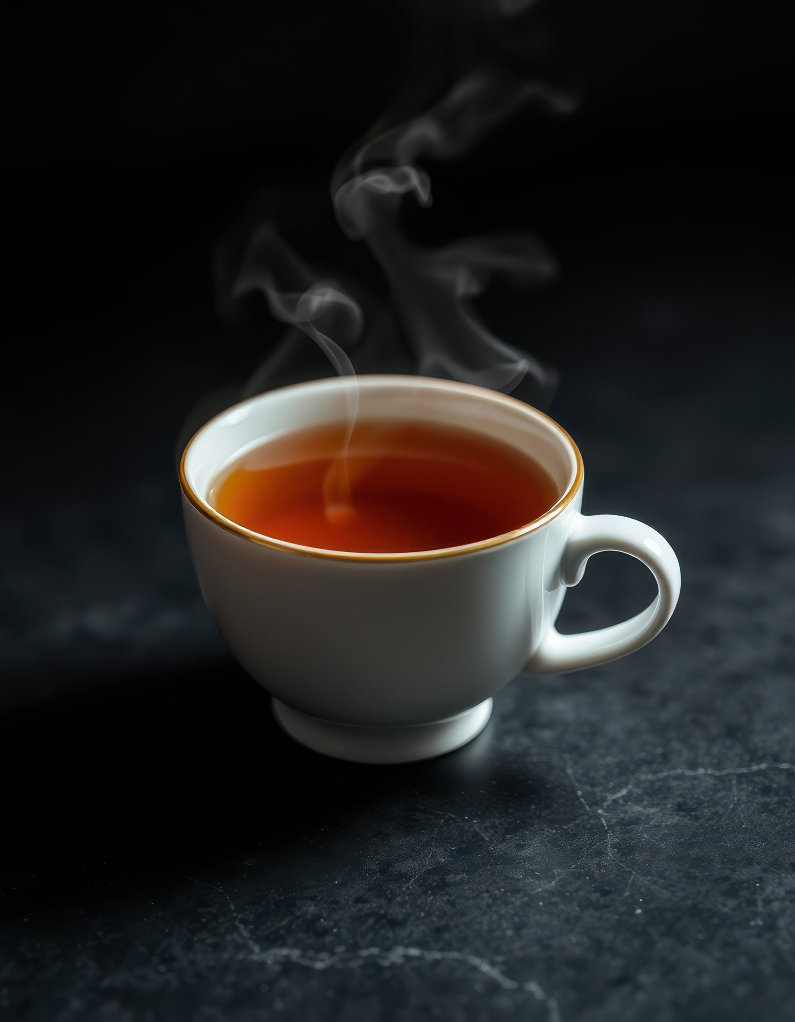 Steaming cup of tea on a dark surface captured in a cozy setting
